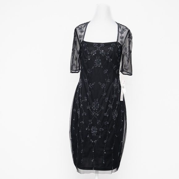 Adrianna Papell - Mesh-Sleeve Beaded Dress - Picture 2 of 13